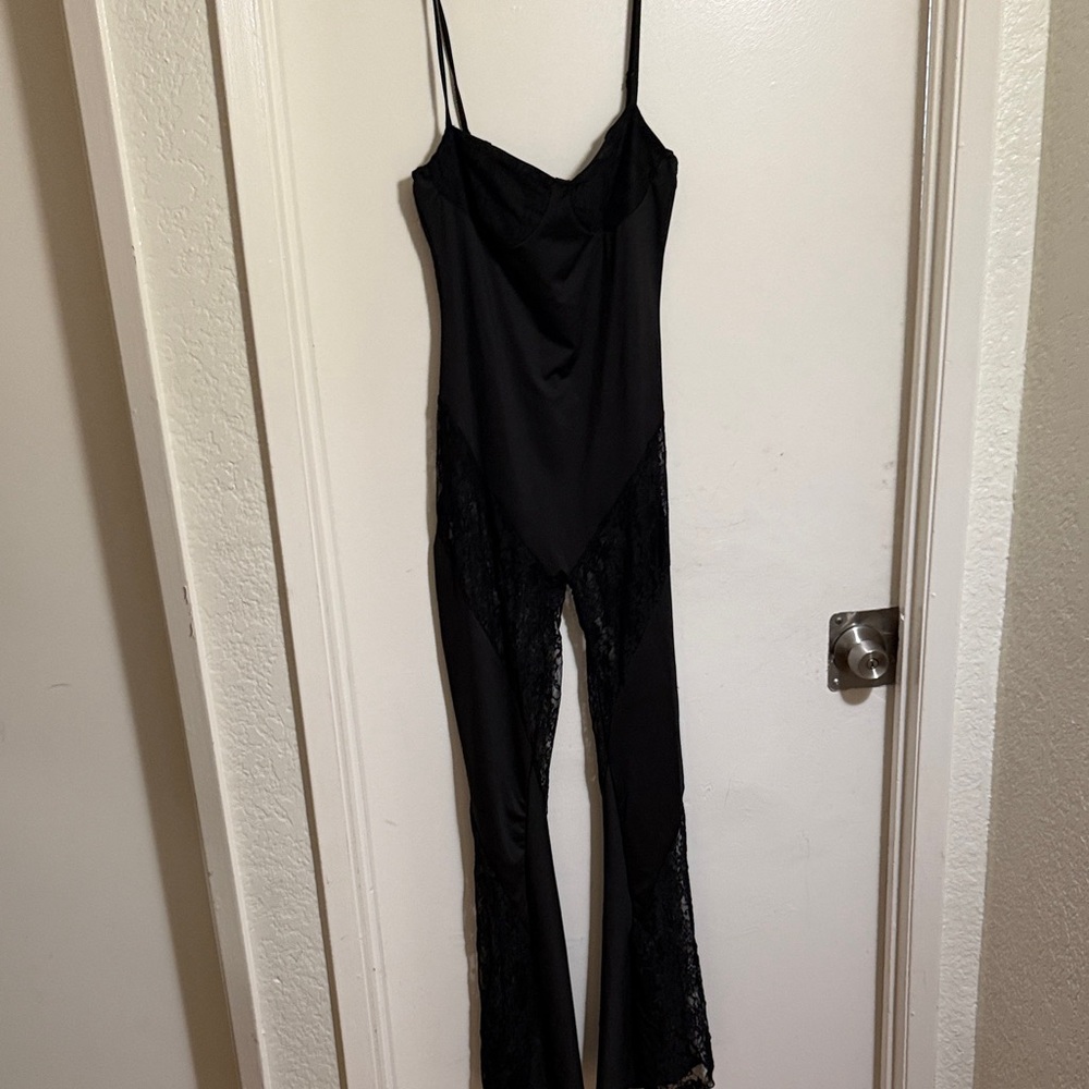 Fashion Nova Black Lace-Panel Spaghetti Strap Jumpsuit
